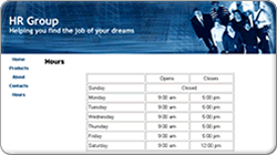 example of the hours of operation layout showing a table of open/close times for each day of the week